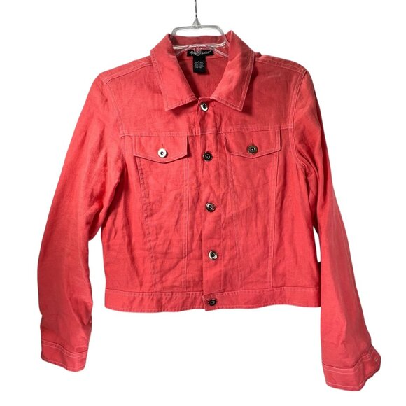 Alexandra Bartlett Jackets & Blazers - Alexandra Bartlett Coral Linen Button Up Womens Jacket Sz S Trucker Adjust Waist
